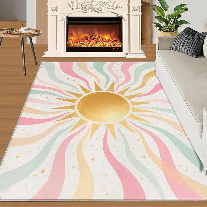 Boho Sun Area Rugs 5x7ft, Minimalist Sunburst Rugs for Living Room, Abstraction Deco Floor Rug Sturdy and Non-Shedding for Bedroom Hardwood Floors Teen Room