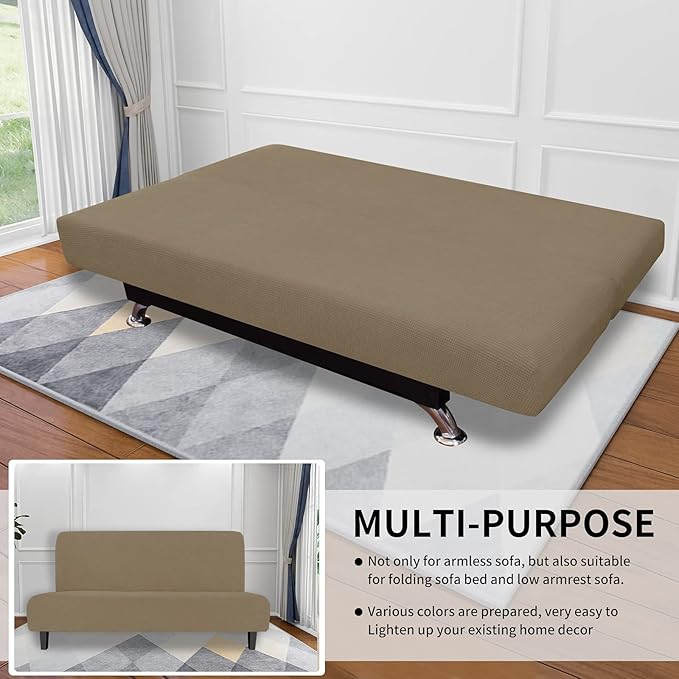 Easy-Going Stretch Futon Slipcover Armless Futon Bed Cover Furniture Protector Without Armrests with Elastic Bottom for Kids, Soft Jacquard Fabric Small Checks (Large, Tan)
