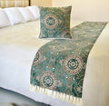 The HomeCentric King/Queen/Twin Teal Decorative Twin 53"x18" Bed Runner with Pillow Cover, Art Deco, Floral, Tassels & Velvet Bed Scarf on Velvet Fabric - Ahmet