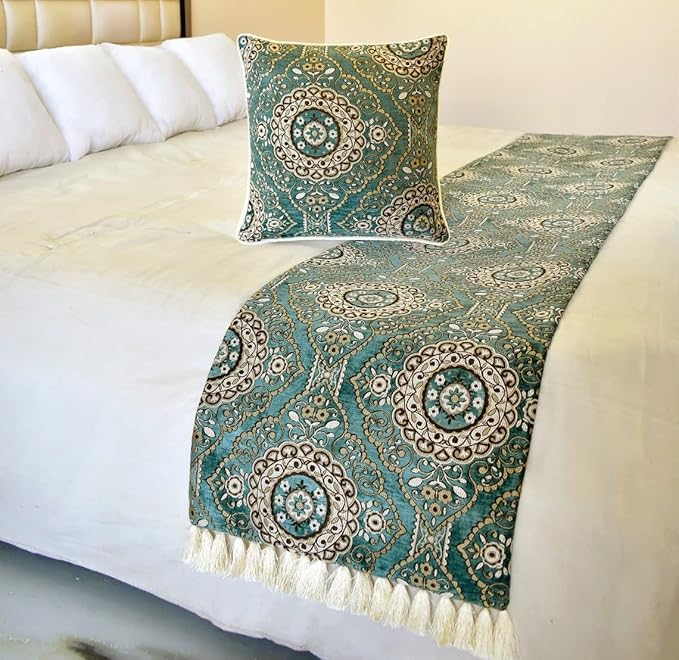 The HomeCentric King/Queen/Twin Teal Decorative Twin 53"x18" Bed Runner with Pillow Cover, Art Deco, Floral, Tassels & Velvet Bed Scarf on Velvet Fabric - Ahmet