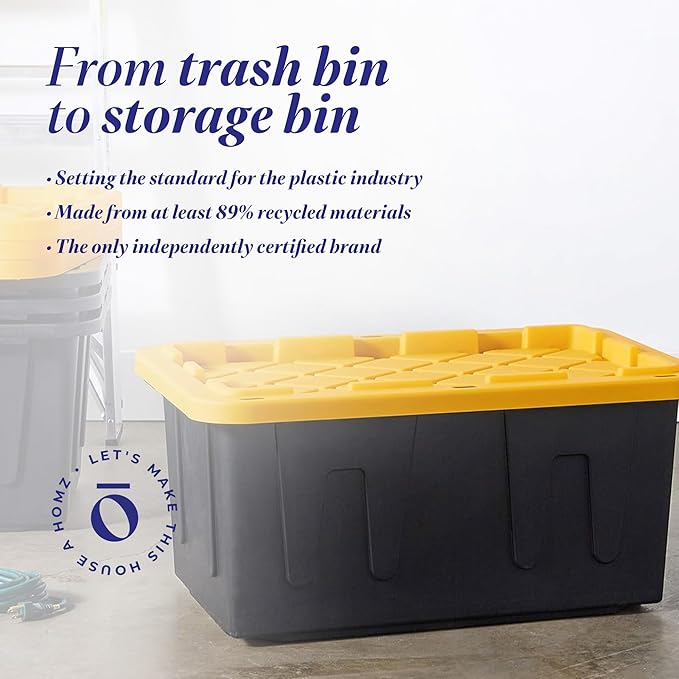 HOMZ 2-Pack Durabilt, Heavy Duty Plastic Storage Bins with Lids, 15 Gallon, Black/Yellow - Stackable Container Boxes for Home, Attic, and Garage Organization