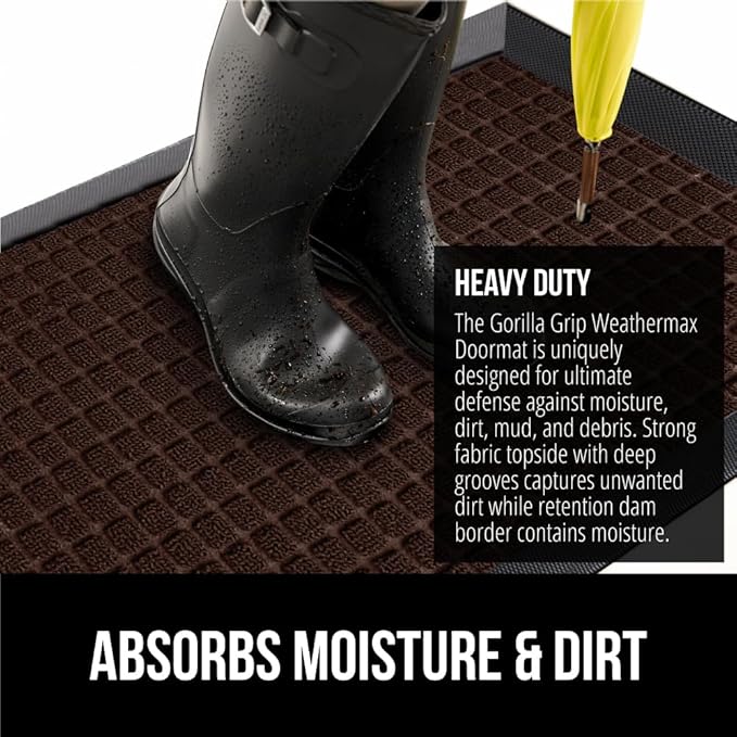 GORILLA GRIP 100% Waterproof All-Season WeatherMax Doormat 35x23, US Designed Natural Rubber, Stain and Fade Resistant, Low Profile Indoor Outdoor Door Mats, Easy Clean Patio Mat, Coffee Squares