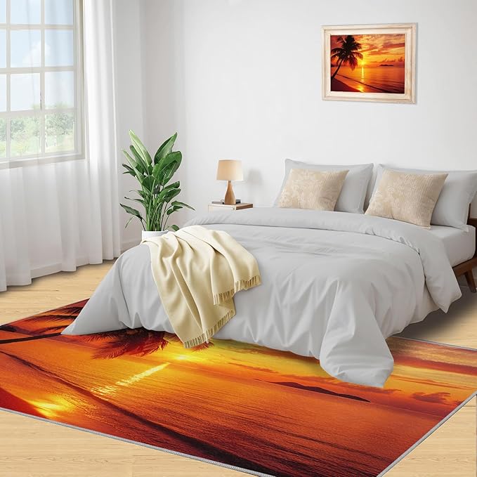 Coastal Rugs for Bedroom - 5x8 Area Rug - Ocean Beach Rugs for Living Room, Sunset Palm Trees Rug, Non-Slip Washable Home Decor Carpet