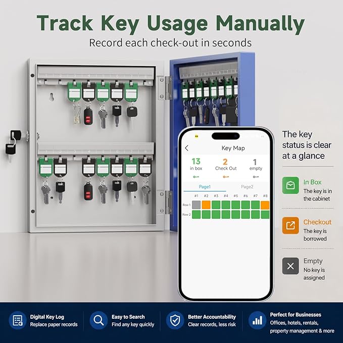 WeHere 32-Key Plus Smart Key Lock Box Wall Mount – Commercial Key Cabinet with App, Bluetooth & WiFi Unlock (Sold Separately), Access Log Tracking, Key Management System for Rental, Office, Property