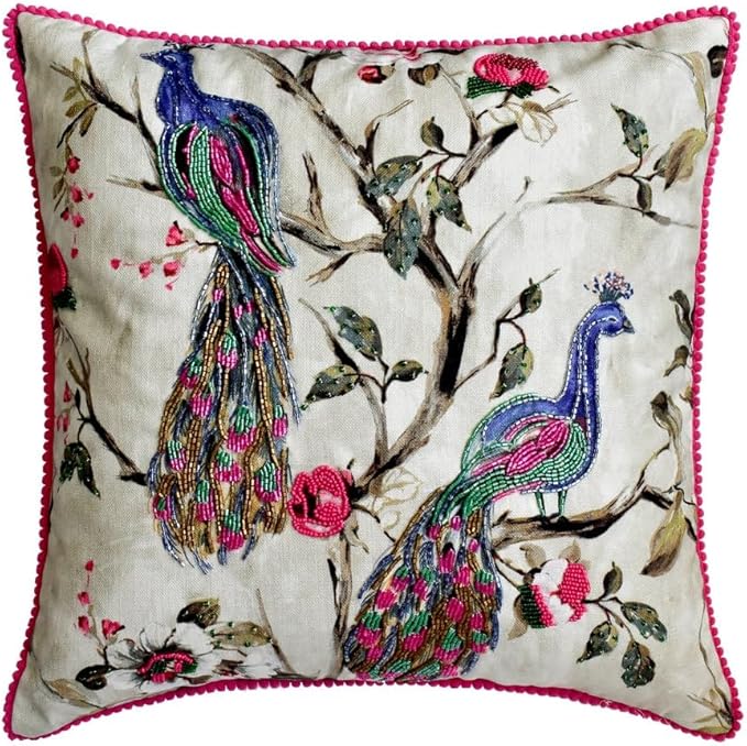 The HomeCentric King/Queen/Twin Pink & Purple Luxury Twin 53"x18" Bed Runner with One Pillow Cover, Peacock, Beaded, Pom Pom Lace Bed Scarf on Cotton Fabric - Pavo Paradiso