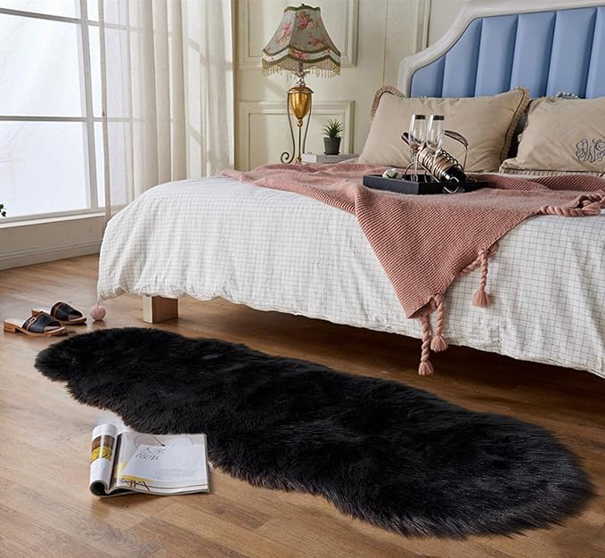 Latepis Black Runner Rugs 2x6 Faux Sheepskin Fur Rug for Bedroom Shag Shaggy Furry Rug for Living Room Dorm Soft Rugs Home Décor