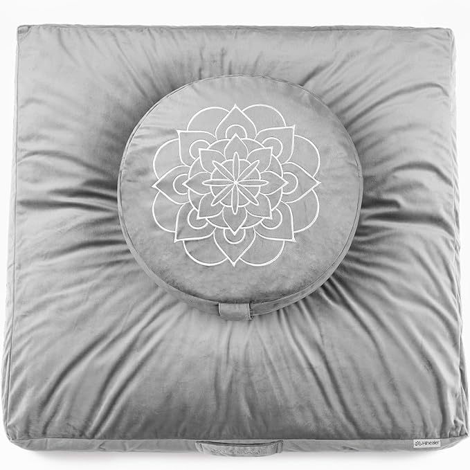 Hihealer Meditation Cushion Set – Large Rose Velvet Zafu & Zabuton Floor Pillow Traditional Tibetan Yoga Bolster for Adults Buckwheat Filled for Comfort Support