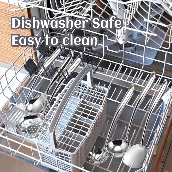 VALESKA 6PCS Stainless Steel Cooking Utensils Set,Metal Kitchen Utensils Set, Include Wok Spatula Stainless Steel,Metal Pasta Spoon and etc,Easy to Clean