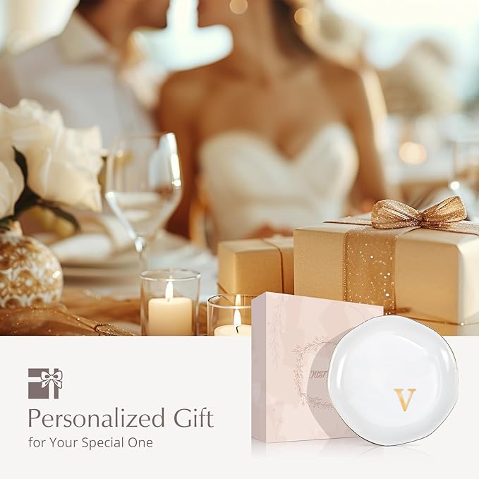 ProCase Ceramic Jewelry Tray, Initial Ring Dish Trinket Plate Engagement Gift, Small Personalized Monogram Ring Bowl for Wedding, White Decorative Jewelry Holder for Women Vanity -LetterV