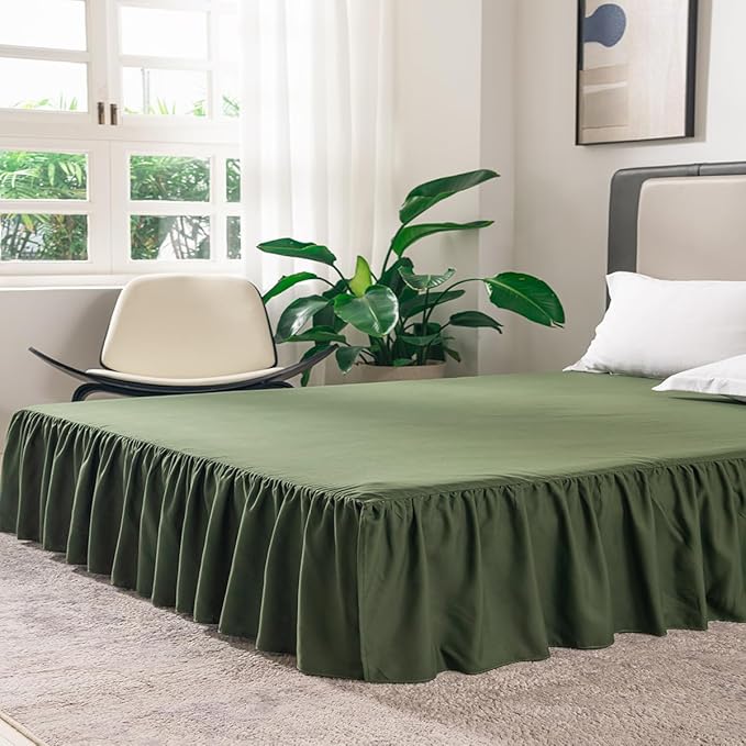 TSUTOMI Bed Skirt Queen Size Ruffled Bed Skirt with Split Corners, 14 Inch Drop Dust Ruffle Bed Skirts with Platform, Gathered Style, 100% Microfiber, Green