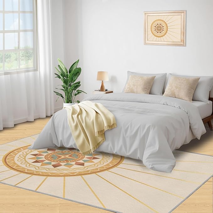 Boho Sun Area Rugs 8x10ft, Minimalist Line Area Rug for Living Room, Geometric Solar Modern Rug with Double Sided Carpet Tape for Bedroom Men Room Decor