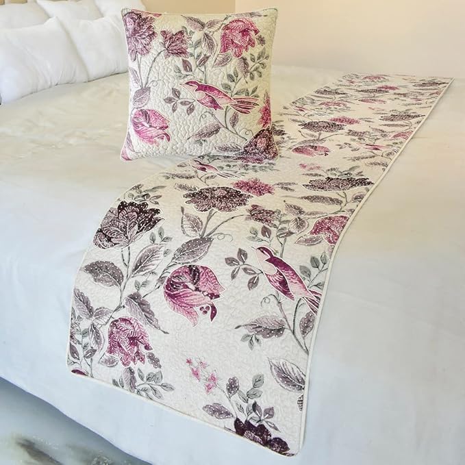The HomeCentric King/Queen/Twin Pink Decorative Queen 74"x18" Bed Runner with 2 Pillow Cover, Quilted, Printed & Pearl Embroidery Bed Scarf on Cotton Fabric - Vintage Birdie