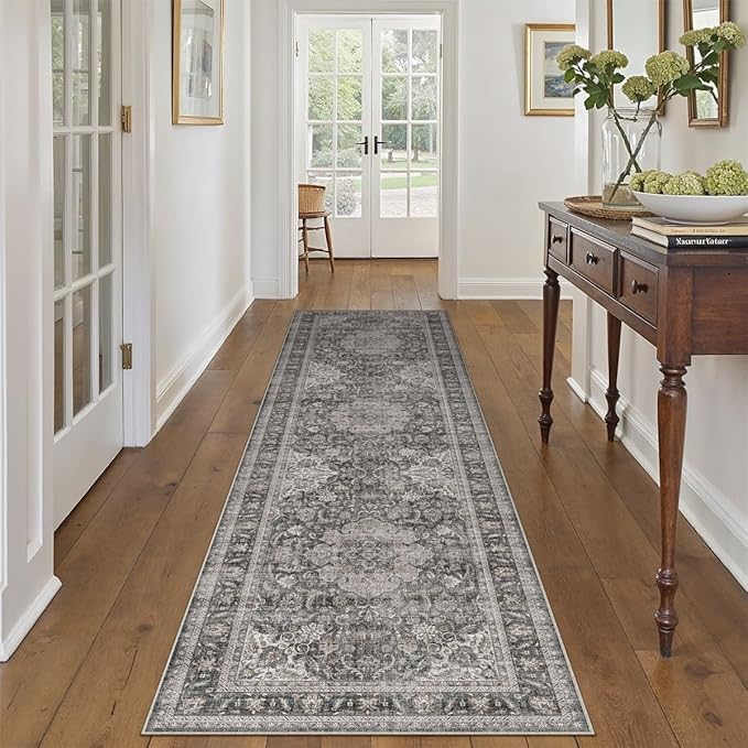 2x6 Washable Vintage Runner Rug Black Grey Hallway Kitchen Carpet Non-Slip Soft Low Pile Distressed Throw Rug for Bedroom Bathroom Laundry Living Room