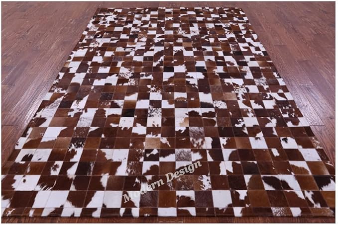 Modern Design Premium Cowhide Leather Carpet with Chevron Pattern, Area Rug (Brwon/White, 3x10)