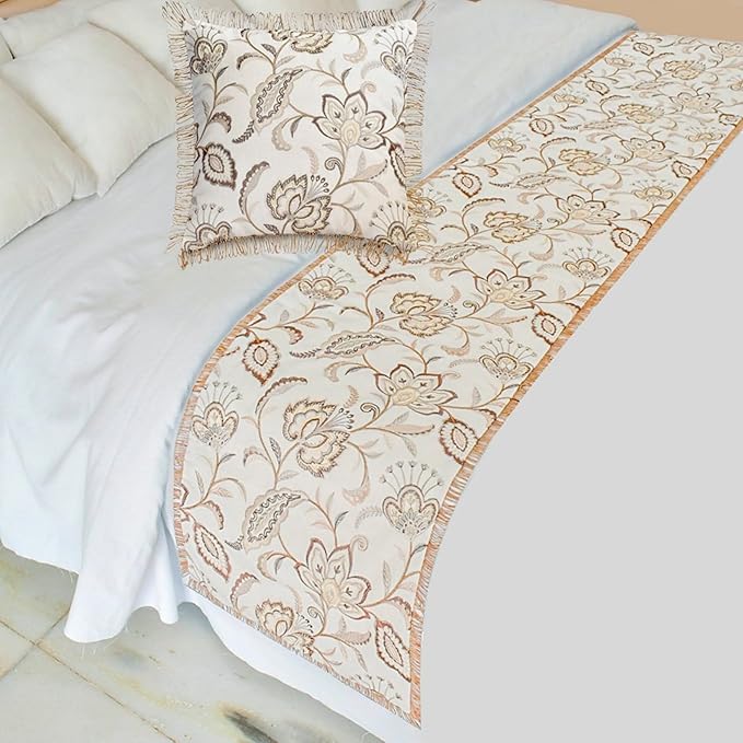 The HomeCentric King/Queen/Twin Beige Decorative Bed Runner Queen 74"x18" Bed Runner Without Pillow Cover, Floral, Pearl, Jute Lace, Embroidery Bed Scarf on Cotton Fabric - Floral Luster