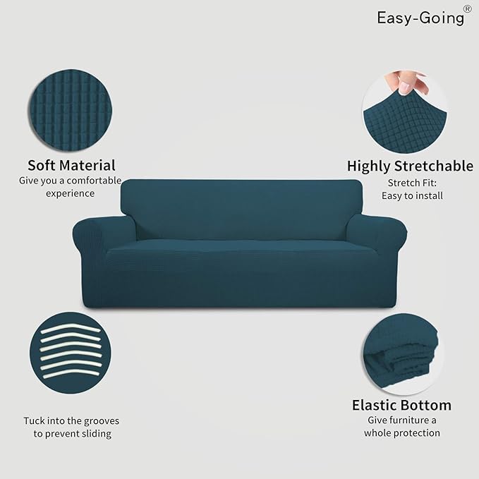 Easy-Going Stretch Oversized Sofa Slipcover 1-Piece Sofa Cover Furniture Protector Couch Soft with Elastic Bottom for Kids, Polyester Spandex Jacquard Fabric Small Checks Deep Teal