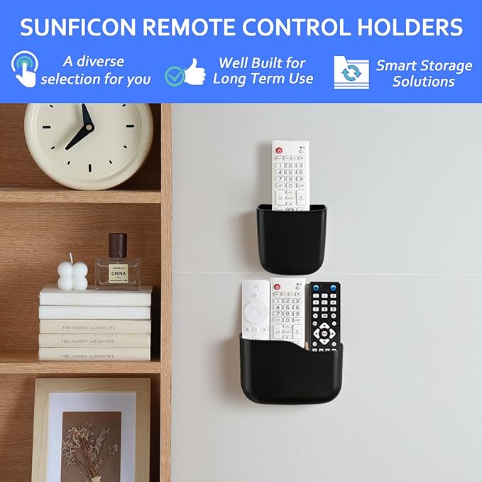 SUNFICON Remote Holder Wall Mount TV FAN Remote Control Holder Bedside Caddy Wall Organizer Phone Holder for Office Adhesive Media Player Controller Holder Box Tray Home Desk Nightstand 2 SMALL BLACK