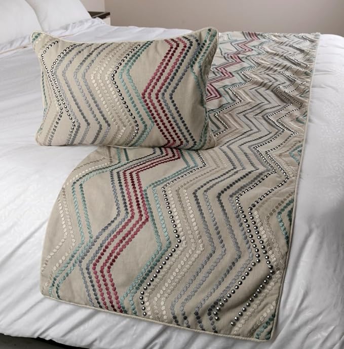 The HomeCentric King Queen Twin Beige Linen Bed Runner Without Pillow Cover, King Size 90"x18" Bed Runner Without Pillow Cover, Linen with Embroidery, Chevron Modern Pattern - Dotty Chevron