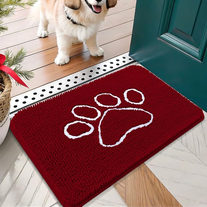 OLANLY Dog Door Mat for Muddy Paws 24x16, Paw Print Design, Absorbs Moisture and Dirt, Absorbent Non-Slip Washable Doormat, Quick Dry Chenille Mud Mat for Dogs, Entry Indoor Entryway Carpet, Red