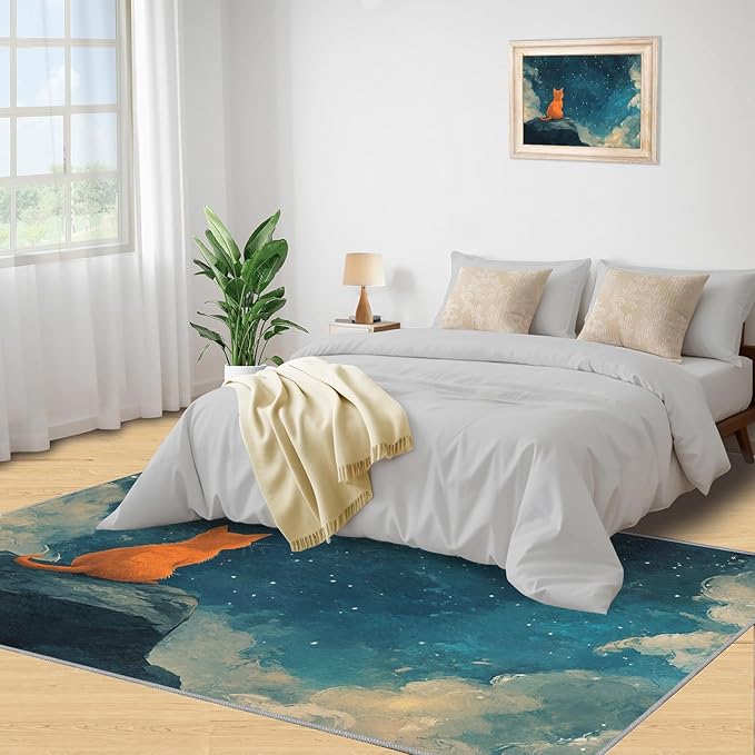 Orange Cat Rugs for Bedroom - 4x6 Area Rug - Cartoon Starry Sky Rugs for Living Room, 3D Cute Cat Rug, Non-Slip Washable Home Decor Carpet