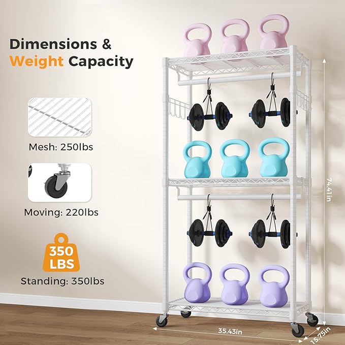 NEWBULIG Heavy Duty Adjustable Clothes Rack with Wheels, Adjustable Rolling Metal Freestanding Garment Closet Organizer with Double Rods & 2 Side Hooks for Hanging Clothes, 35" x 15" x 75", White