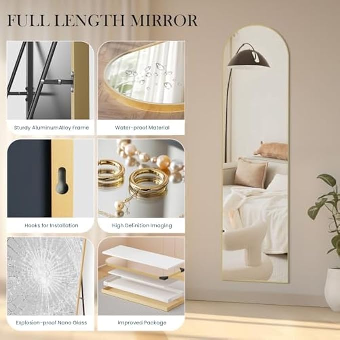 NEWBULIG 59"x16" Arched Full Length Mirror, Full Body Floor Mirror with Aluminum Alloy Thin Frame, Wall or Standing Mirror for Bedroom, Living Room, Dressing Room, Gold-Arched