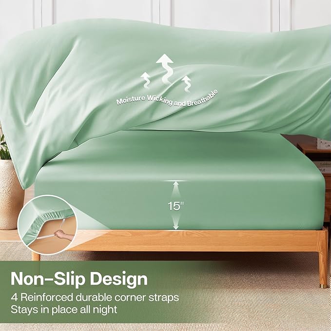MR&HM Twin Fitted Sheet Only, Ultra-Soft Rayon Derived from Bamboo & Polyester Blend, Silky & Breathable, 15" Deep Pocket with Elastic Straps, Cooling Fitted Sheet for Hot Sleepers, Sage Green