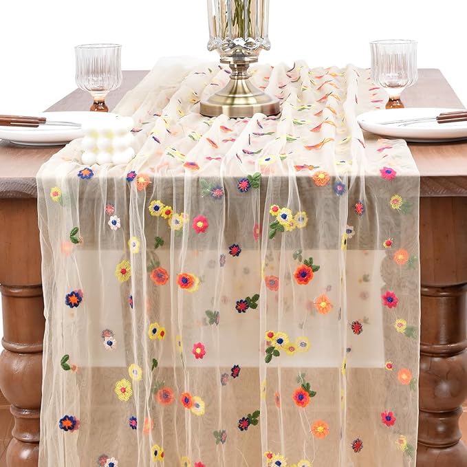 Joanlody 3pcs Champagne Embroidery Daisy Spring Summer Table Runner 10ft Florals Seasonal Easter Tulle Table Runner Holiday Kitchen Dining Table Decoration for Home Party Indoor