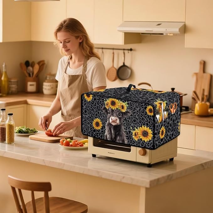 Air Fryer Toaster Oven Dust Cover with Storage Pockets, Stain-resistant Countertop Convection Oven Cover Kitchen Appliance Decor, S, Highland Cow Sunflower Dark Gray