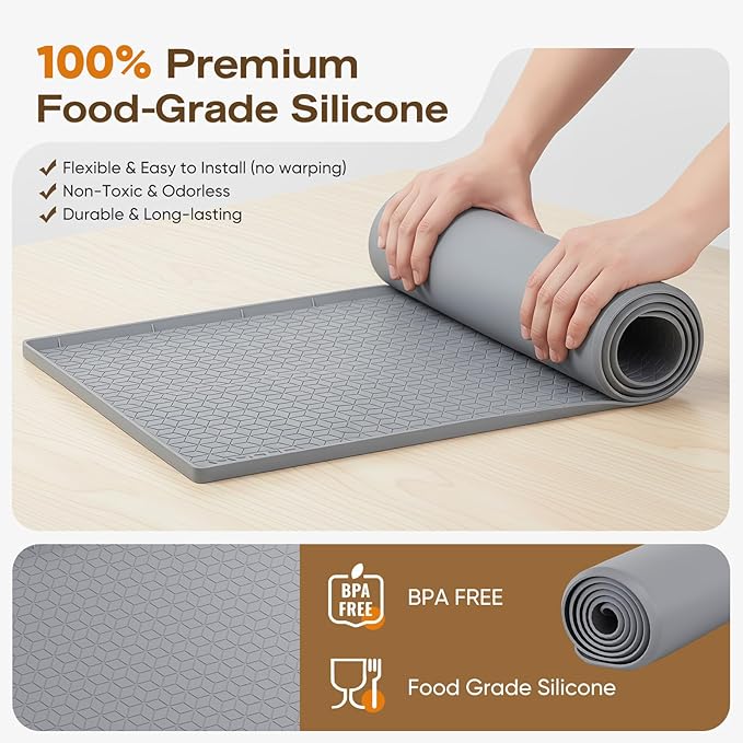 TRZZ Silicone Waterproof Under Sink Mat 28" x 19", Drip Tray and Cabinet Liner for Kitchen and Bathroom, Prevents Water Damage and Organizes Cabinets (Beige)