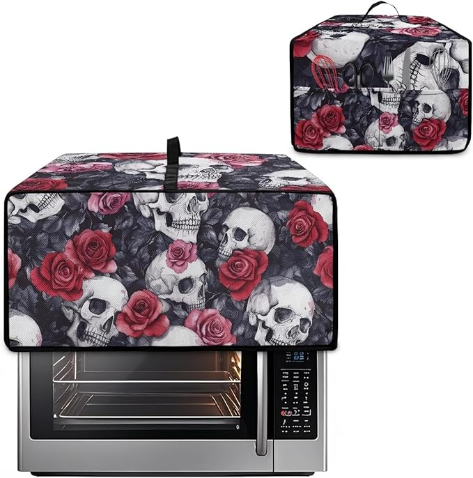 Skull Red Rose Print Microwave Oven Dust Cover Toaster Oven Cover with Top Handle Dust-Proof Kitchen Appliance Protector Dirt and Fingerprint Protection, L