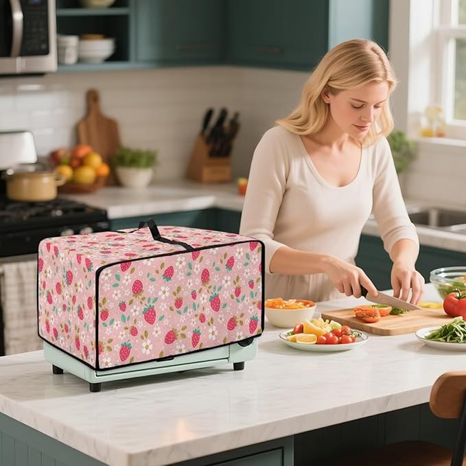 Pink Strawberry Cherry Blossom Print Microwave Oven Dust Cover Toaster Oven Cover Foldable Polyester-Linen Fabric Small Appliance Dust Covers Suitable for Most Microwave Ovens, S