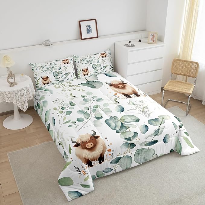 Erosebridal Boys Cartoon Animal Queen Bedding Sets for Kids Toddler Kawaii Cow Comforter Set, Highland Cattle Bull Down Comforter Western Cowboy Bedding Comforter Sets, Green Eucalyptus Duvet Insert