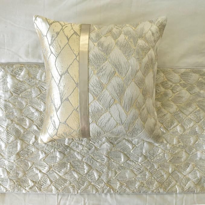 The HomeCentric King/Queen/Twin Ivory & Gold Designer Twin 53"x18" Bed Runner with Pillow Cover, Patchwork, Quilted, Jacquard Foil Bed Scarf on Jacquard Fabric - Spinzar