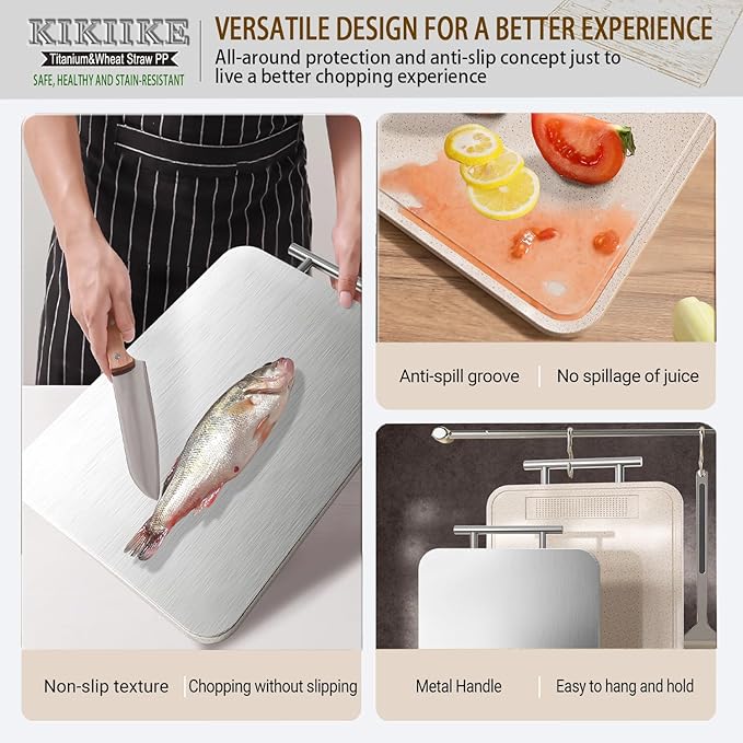 Titanium Cutting Board Double Sided Pure Titanium Cutting Boards for Kitchen, Pure titanium & Wheat Straw PP Food Grade metal chopping boards Easy to Clean Large Size
