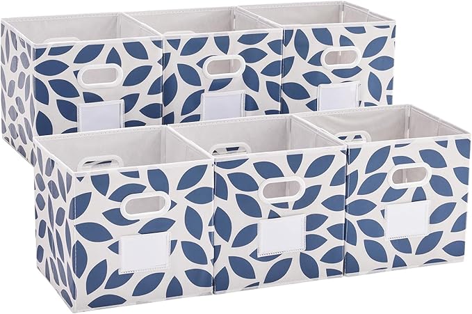 MAX Houser 6 Pack Foldable Fabric Storage Bins with Handles - Ideal for Closet Organization, Bedroom and Nursery（Blue, 12"x12"x12"）