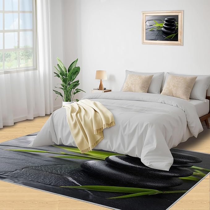 Zen Buddhism Rugs for Bedroom - 4x5 Area Rug - Black Zen Dianthus Leaf Rugs for Living Room, Meditation Yoga Rug, Washable Home Decor Carpet