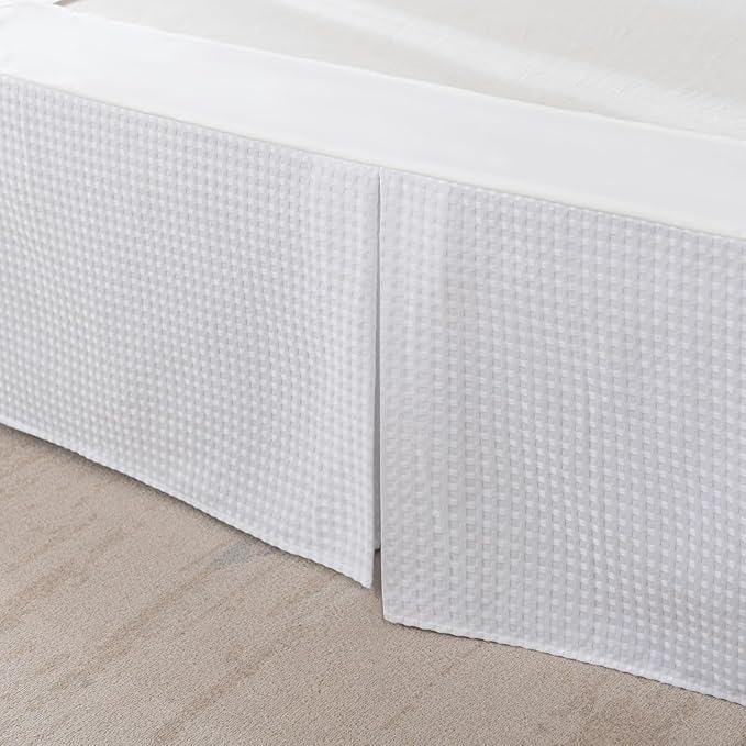 King Bed Skirt, Wrap Around Bed Skirt with Pleated Corner, 18 Inch Drop Pleated Waffle Weave Bedskirts, Anti-Slip, Microfiber, White, 18'' King