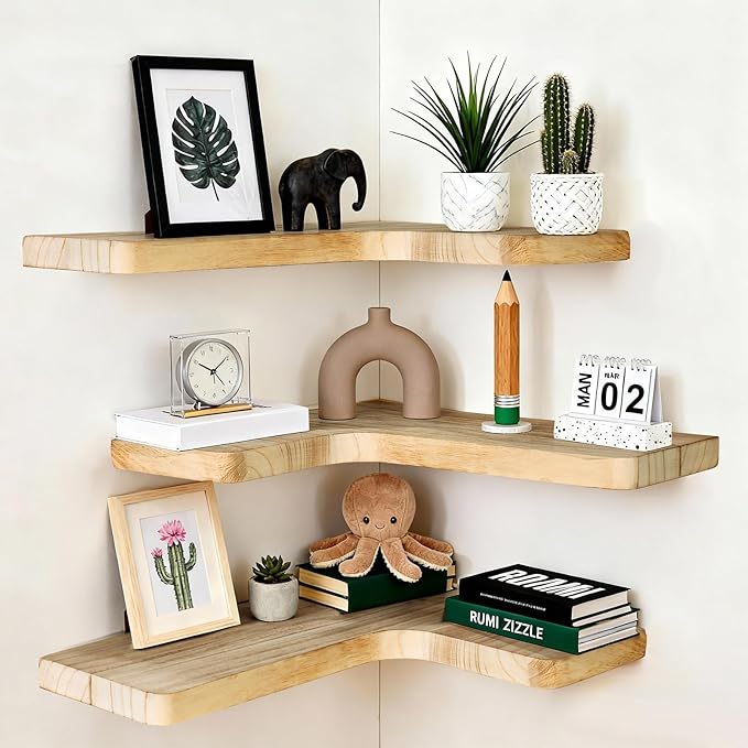 Floating Corner Shelves, Wall Shelf Set of 3, Shelves for Wall Storage, Solid Wood Shelves for Storage, Wall Mount Wooden Display Shelf for Bathroom Bedroom Kitchen Garage (Light 3Pcs)