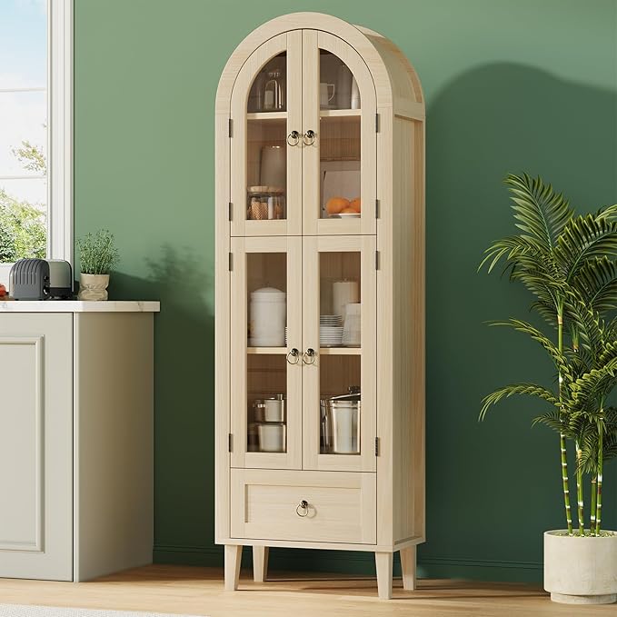 71" Tall Arched Cabinet with Acrylic Door, Modern Curio Arched Bookcase W/Drawer