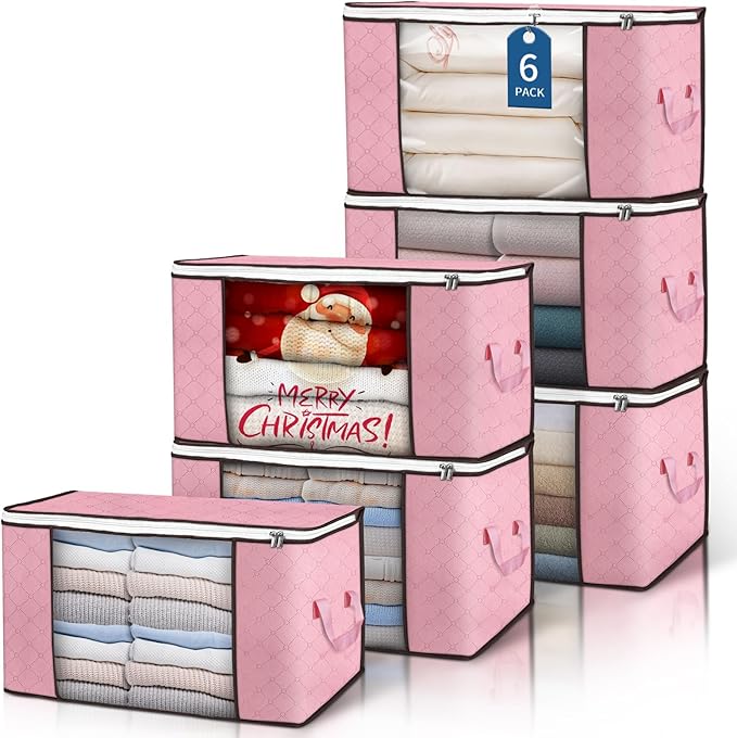 Budding Joy 90 L Large Storage Bags, 6 Pack Clothes Bins Foldable Closet Organizer Containers for Blanket, Comforters, Bed Sheets, Pillows (Pink)