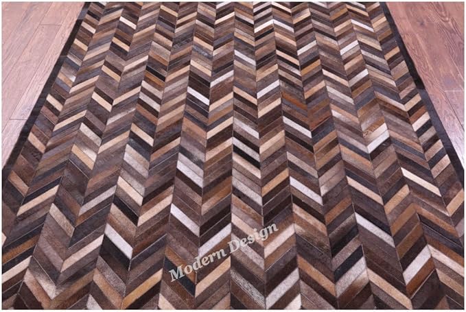 Modern Design Premium Cowhide Leather Carpet with Chevron Pattern, Area Rug (Natural Multi Brown, 3x10)
