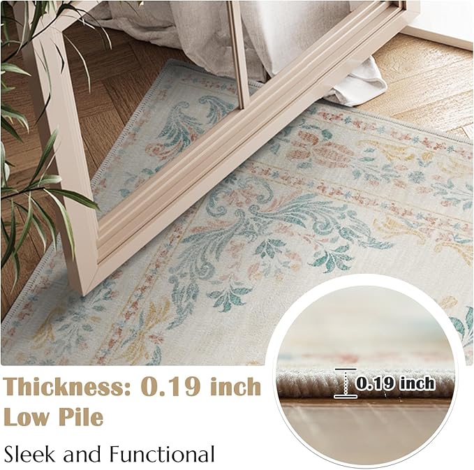 jinchan Hallway Runner Rug 2x8 Vintage Floral Distressed Design - Machine Washable Non-Slip Low-Pile Soft Thin Faux Wool Kitchen Carpet for Farmhouse Bedroom Laundry Room(2x8ft, Apricot Multi)