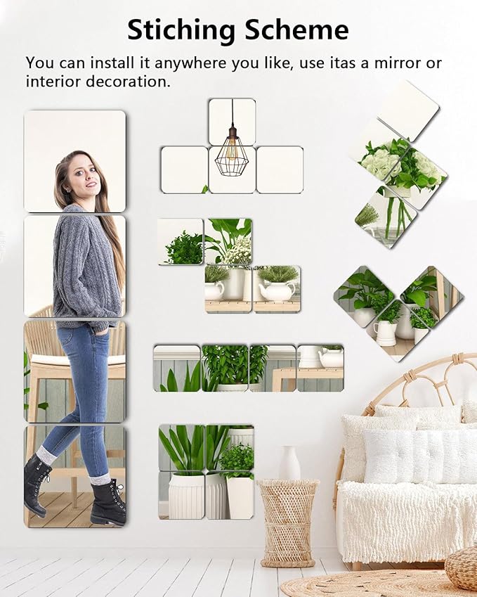 Unbreakable Mirror Tiles, 4PCS 10”x10” Peel And Stick on Mirror for Wall Mirrors Decorative, Toddlers for Kids Bedroom, Plastic Gym Frameless Door Small Adhesive Mirrors for Classroom Decor Stickers