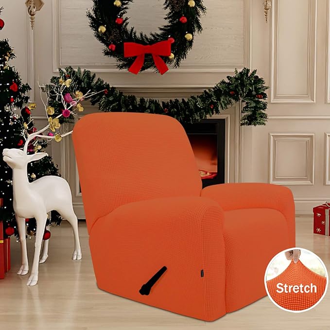 Easy-Going Recliner Stretch Sofa Slipcover Sofa Cover 4-Pieces Furniture Protector Couch Soft with Elastic Bottom Polyester Spandex Jacquard Fabric Small Checks(Recliner,Orange,Large)