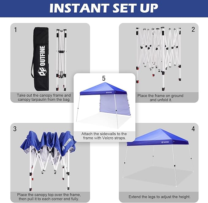 OUTFINE Canopy 10'X10' Slant Leg Pop Up Canopy, Outdoor Patio Portable Tent with Sidewall x1, Stakes x8, Ropes x4, 10x10 Base 8x8 Top