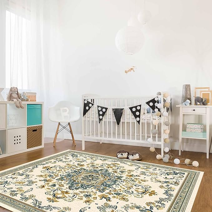 Bohemian Rectangular Area Rugs for Living Room Bedroom 4 x 6 ft Vintage Farmhouse Floral Pattern Non-Shedding Soft Low Pile Rug Non Slip Washable Rug for Nursery Entryway Playroom
