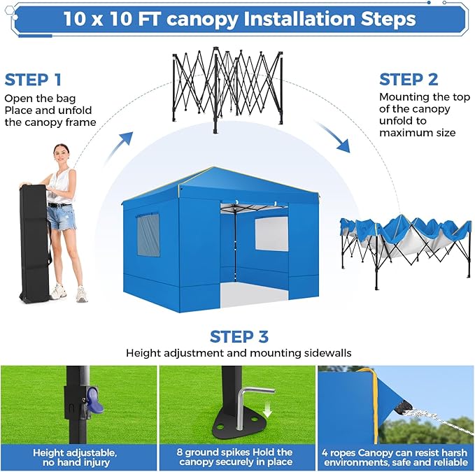 COBIZI 10x10 Pop Up Canopy Tent with Sidewalls and Roll-up Ventilated Windows with Mosquito net, Ez Outdoor Commercial Instant Gazebo Tent for Party Waterproof with Carrybag