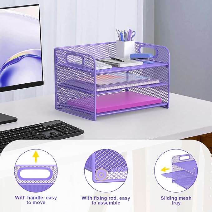 Samstar 3 Tier Purple Letter Tray Paper Organizer with Handle, Mesh Desk Organizer Paper Sorter File Rack Shelves, Purple
