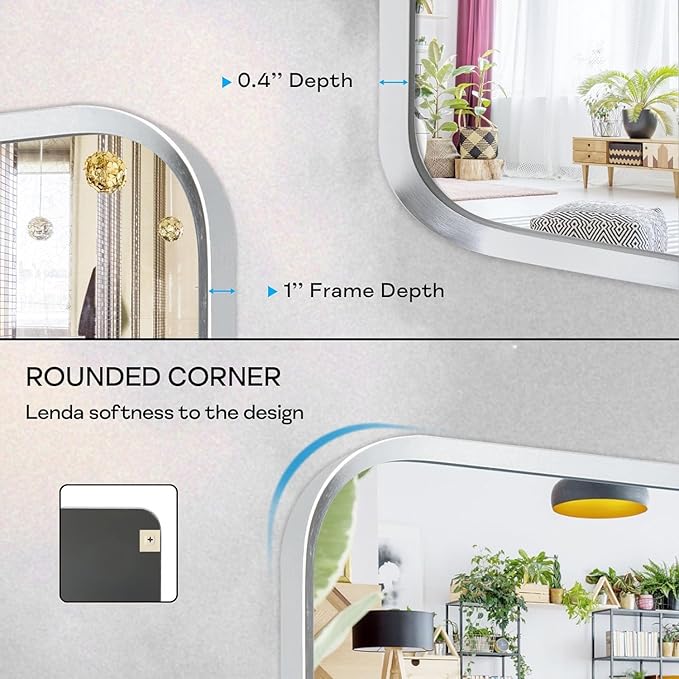 Silver Metal Framed Bathroom Mirror for Wall, Brushed Nickel Rounded Corner Rectangular Bathroom Vanity Mirror, Anti-Rust, Tempered Glass (30" x 36", Silver)